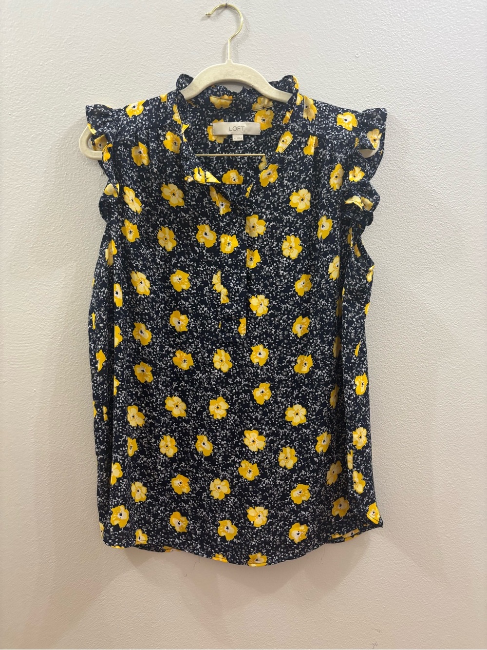 LOFT Navy Floral Ruffle Cap Sleeve Blouse with Yellow Flowers